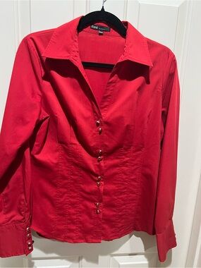Red Tailored Button-Front Shirt with Gold Buttons